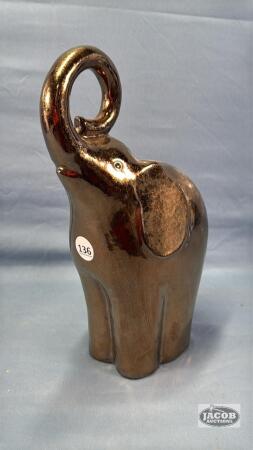 13IN TALL GOLD COLORED POTTERY ELEPHANT