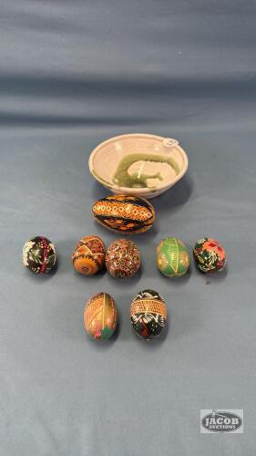 8 WOODEN DECORATED EGGS