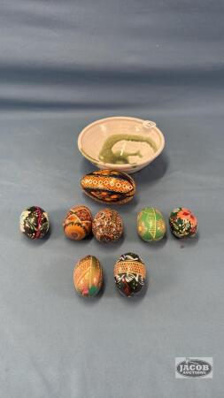 8 WOODEN DECORATED EGGS