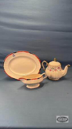 SADLER TEA POT, MYOTT 11IN PLATTER AND GRAVY BOAT