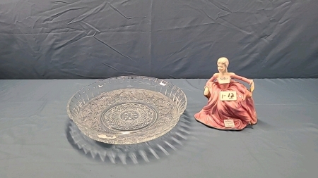 12" Glass Bowl & Coalport 'Polly' Figurine -Cracked