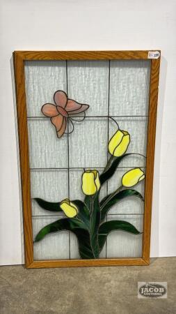 LEADED GLASS WINDOW WITH OAK FRAME