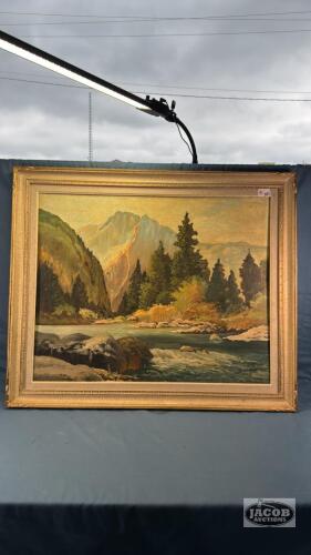 FRAMED MOUNTAIN SCENE ON BOARD