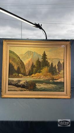FRAMED MOUNTAIN SCENE ON BOARD