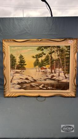 FRAMED WINTER SCENE ON BOARD