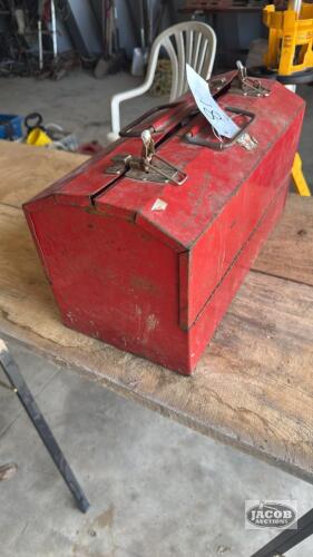 FOLDING RED TOOL BOX WITH CONTENTS