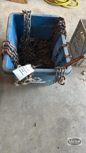 BLUE BOX WITH ASSORTED CHAINS AND CHAIN BINDERS