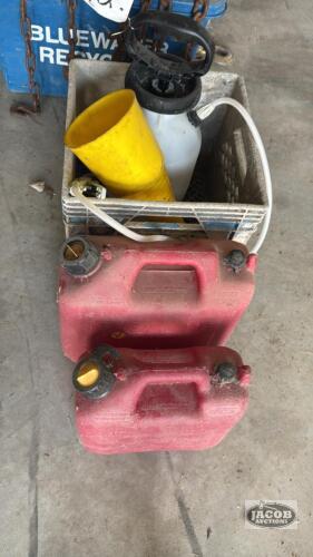 MILK CRATE WITH HAND SPRAYER AND FUNNEL AND (2) JERRY CANS