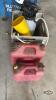 MILK CRATE WITH HAND SPRAYER AND FUNNEL AND (2) JERRY CANS