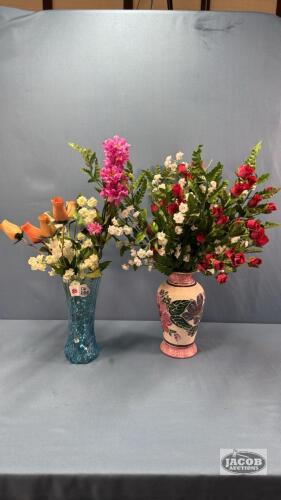 PORCELAIN 8IN VASE AND AN 8IN BLUE GLASS VASE