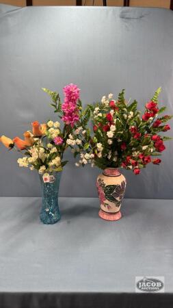 PORCELAIN 8IN VASE AND AN 8IN BLUE GLASS VASE