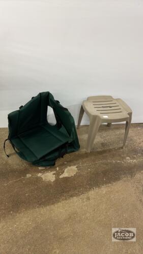 (2) BLEACHER CUSHIONS WITH PVC PATIO END TABLE