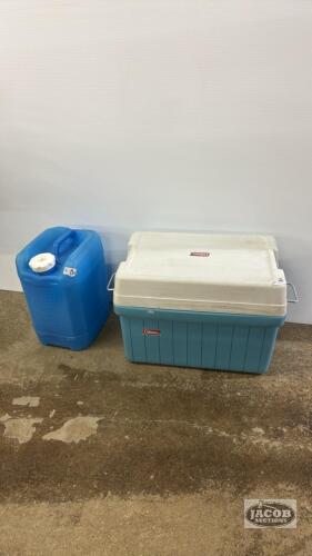 LARGE COLEMAN COOLER WITH 19L WATER TOTE