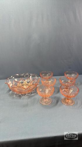 (6) PINK DEPRESSION SHERBETS AND 8IN SERVING BOWL