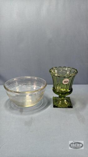 GREEN GLASS PEDESTAL 6IN TALL SPOONER