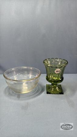 GREEN GLASS PEDESTAL 6IN TALL SPOONER