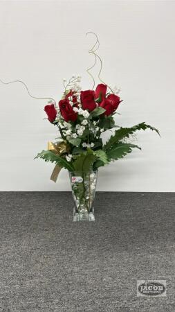 HEAVY 10IN TALL GLASS VASE WITH ARRANGEMENT