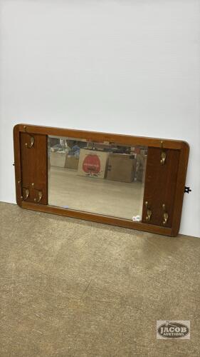 OAK HALL MIRROR WITH HOOKS AND BEVELED MIRROR