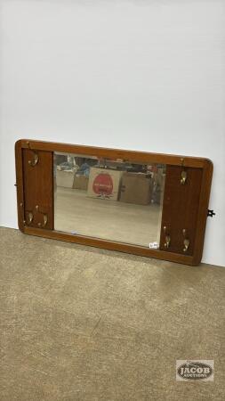 OAK HALL MIRROR WITH HOOKS AND BEVELED MIRROR