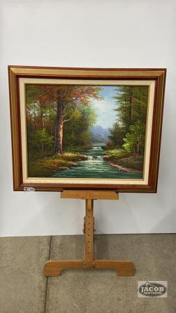 FRAMED RIVER SCENE ON CANVAS BY J BELL