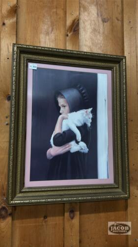 FRAMED LITTLE GIRL WITH CAT PRINT