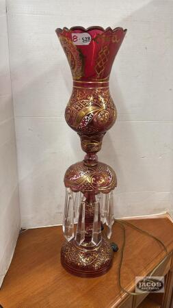 RED GLASS ELECTRIC ENAMELED LAMP WITH PRISMS