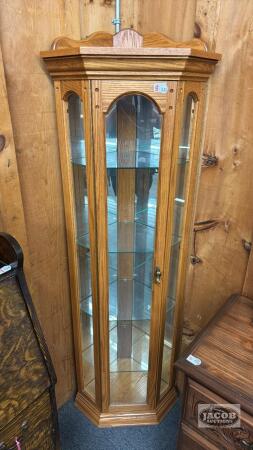 OAK CORNER CURIO CABINET WITH LIGHT