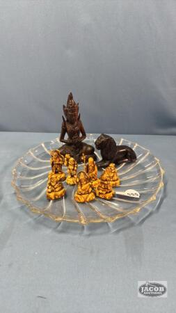 11IN GLASS PLATE WITH SELECTION OF ASIAN FIGURINES