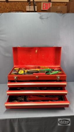 RED (3) DRAWER TOOL BOX WITH CONTENTS AND KEYS
