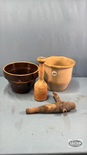 (2) SMALL CROCKS AND WOODEN BARREL SPIGOT