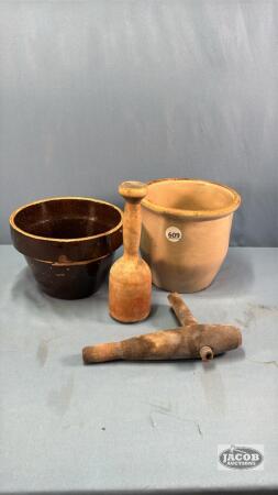 (2) SMALL CROCKS AND WOODEN BARREL SPIGOT