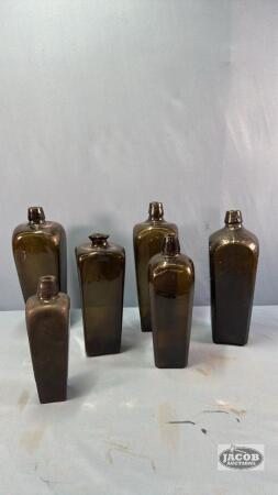 (6) OLD GREEN WISKEY BOTTLES