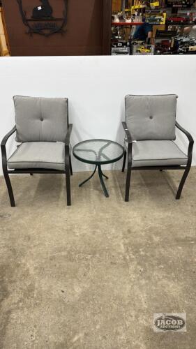 (2) STACKING METAL PATIO CHAIRS WITH AN END TABLE