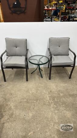 (2) STACKING METAL PATIO CHAIRS WITH AN END TABLE