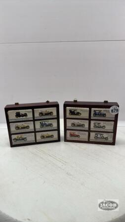 (12) VINTAGE MINATURE CARS IN (2) RACKS