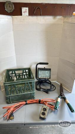 MILK CRATE, LIGHT, EXTENSION CORD AND PRUNERS