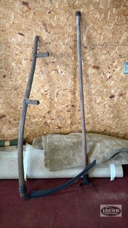 WOODEN HANDLED SCYTHE AND 2 PRONG HOE