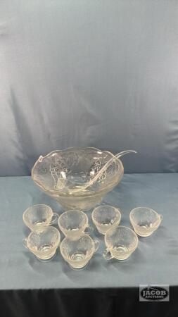 FRUIT PATTERN PUNCH BOWL WITH (6) MATCHING CUPS