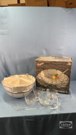 ASPEN PUNCH BOWL SET HAS BOWL, (12) CUPS AND LATEL