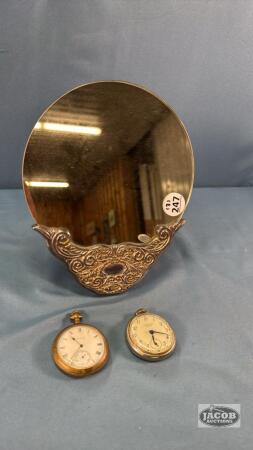 MAKE-UP MIRROR WITH (2) POCKET WATCHES