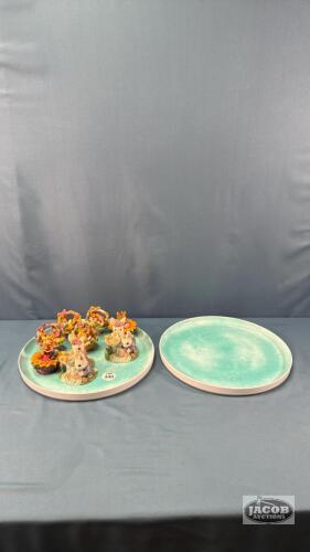 (8) EASTER BUNNY FIGURINES WITH (2) ROUND TRAYS