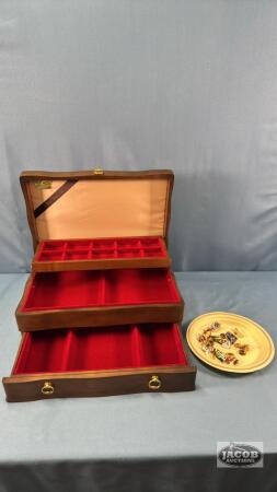 QUANTITY OF LAPEL PINS AND WOODEN JEWELRY BOX