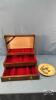 QUANTITY OF LAPEL PINS AND WOODEN JEWELRY BOX