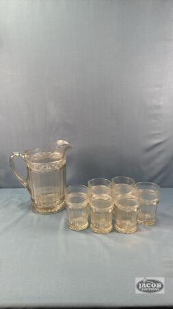 VINTAGE GLASS PITCHER WITH (6) MATCHING TUMBLERS