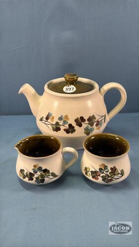 DENBY TEA POT WITH MATCHING CREAM AND SUGAR