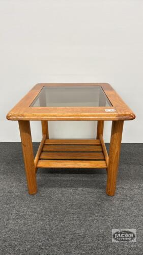 OAK END TABLE WITH SMOKED GLASS TOP