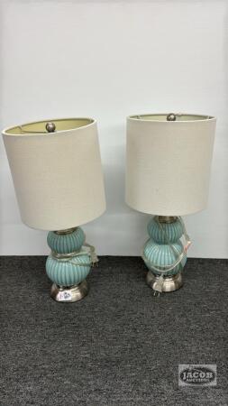 PAIR TABLE LAMPS WITH GLASS AND METAL BASES