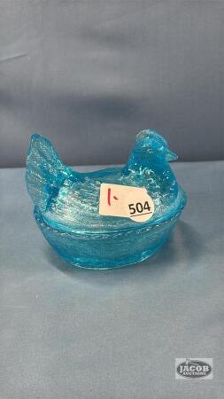 BLUE GLASS HEN ON THE NEST