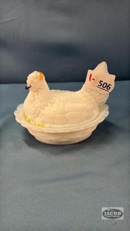 MILK GLASS HEN ON THE NEST WITH GOLD ACCENTS