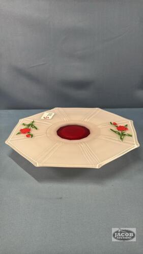 CASED GLASS CAKE PLATE ON RAISED PEDESTAL